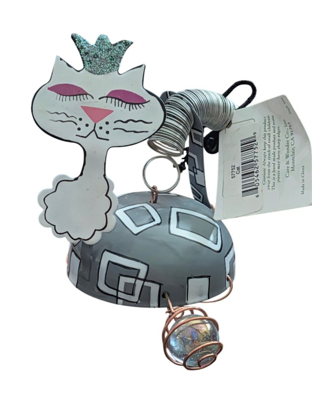 Handcrafted Metal Cat Wind Chime With Glass Accents & Decorative Spring Design -